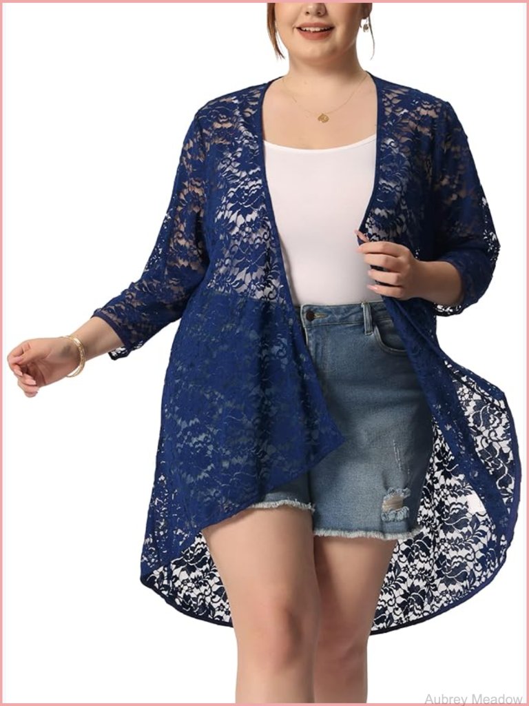 Plus Size Lace 3/4 Sleeve Cardigan Open Front Lightweight Cover Up
